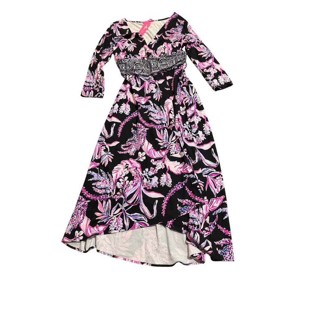 Lilly Pulitzer High-Low Dress Womens XL Black Pink New Floral V-Neck 3/4 Sleeve